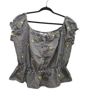 Forever 21 Y2K Black White Gingham Peplum Hem Cropped Top Yellow Floral Plus 2X